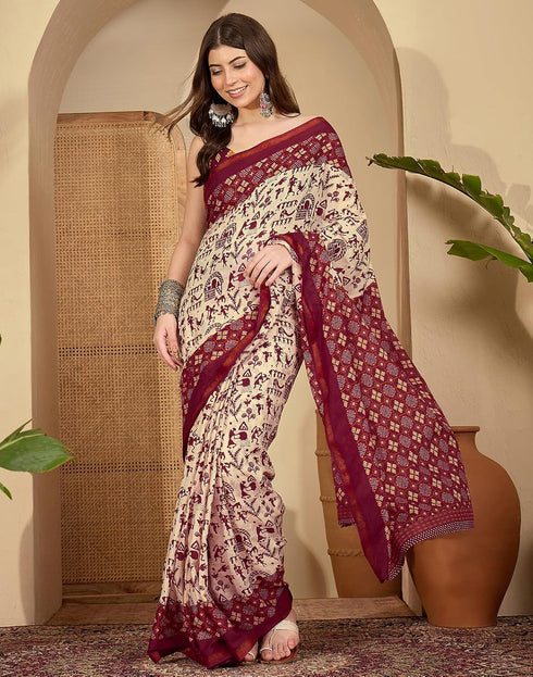 Vasthrlay Womens Printed Maroon And Beige Saree With Unstitched Blouse Piece