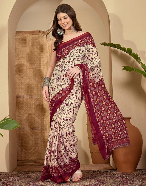 Vasthrlay Womens Printed Unstitched Maroon Saree