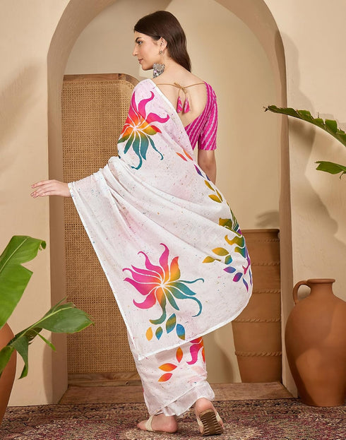 Vasthrlay Womens Printed Unstitched White Saree