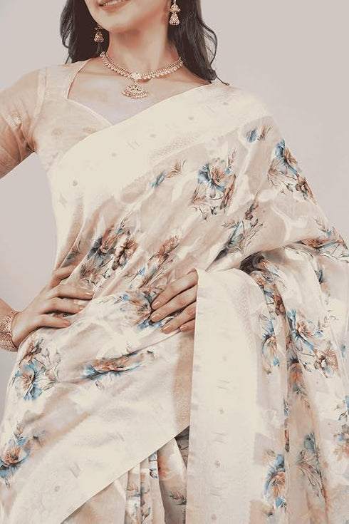 Vasthrlay Cream Peach Floral Print Chanderi Silk Blend Saree With Unstitched Blouse Piece