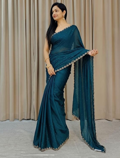 Vasthrlay Women's Dailywear Georgette Stone Work Saree with Border | All-Over Stone Embellishments
