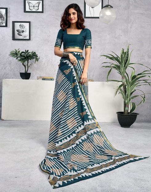 Vasthrlay Womens Printed Rama Blue Saree With Unstitched Blouse Piece
