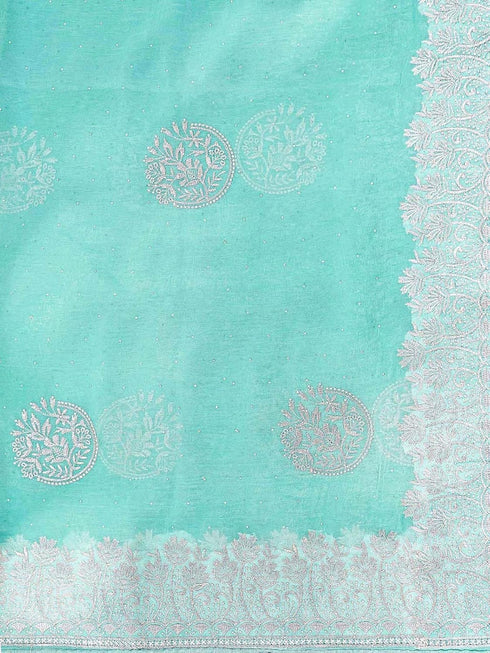 Vasthrlay Scalloped Embroidery Turquoise Saree
