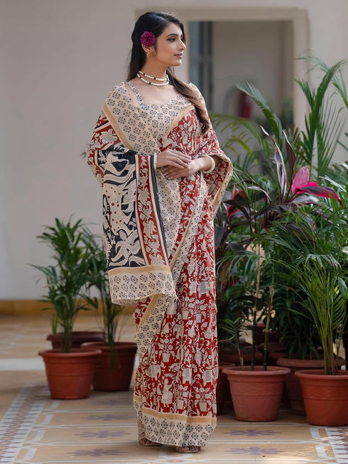 Vasthrlay Womens Printed Unstitched Beige Saree