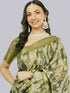 Vasthrlay Olive Green Geometric Triangle Print Polyester Saree With Muted Gold Zari Border And Teal Blue Ruched Unstitched Blouse Piece