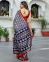Vasthrlay Womens Printed Blue And Orange And Beige Saree With Unstitched Blouse Piece