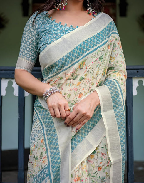Vasthrlay Womens Printed Unstitched Light Green Saree
