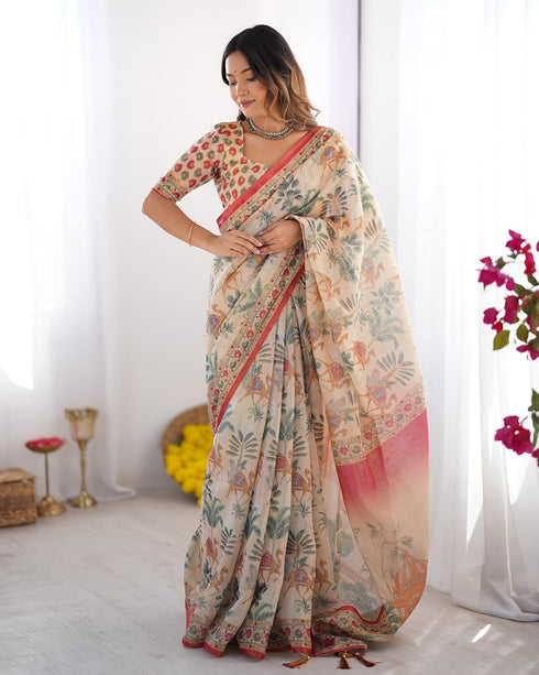 Vasthrlay Handloom Beige Blue Traditional Saree
