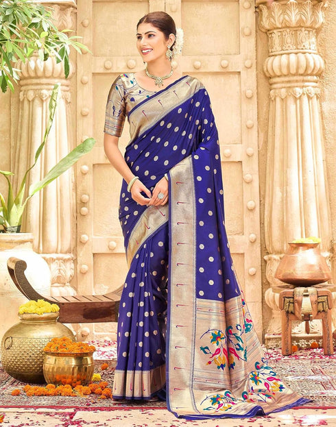 Vasthrlay Womens Paithani Unstitched Blue Saree