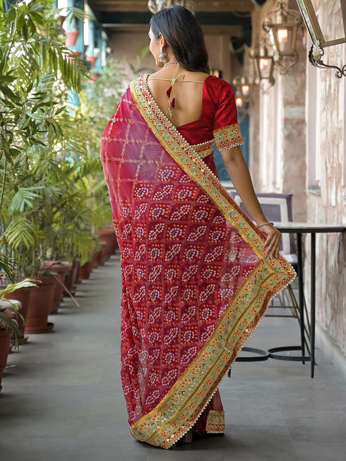Vasthrlay Bandhani Embroidery Yellow Saree