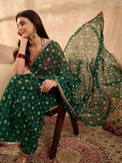 Vasthrlay Vasthrlaywomensgreengeorgettebandhaniprintembroideredlaceworksareewithunstitchedblousepiece Sareeforwoman Designersareeforwomen Tr Ethnic Wear