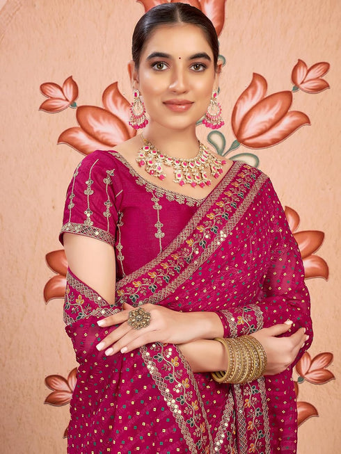 Vasthrlay Embroidery Bandhani Unstitched Rama Green Saree