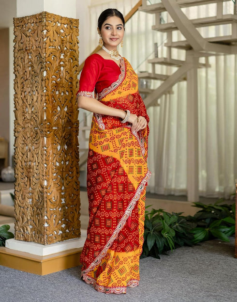Vasthrlay Georgette Embroidery Unstitched Yellow Saree