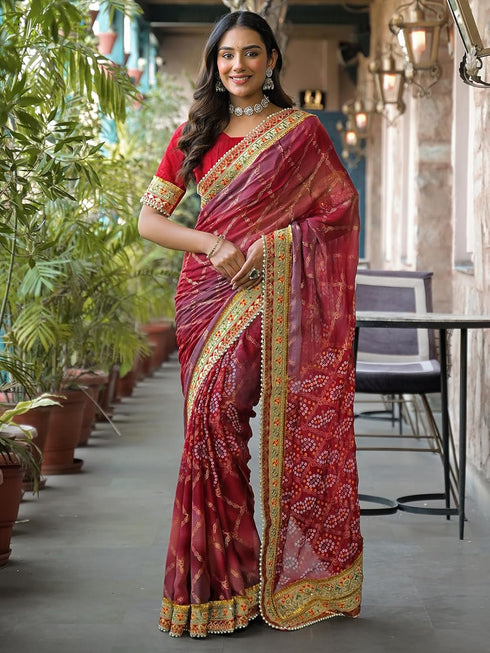 Vasthrlay Bandhani Embroidery Yellow Saree