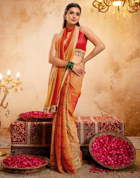 Vasthrlay Georgette Bandhani Unstitched Orange Saree