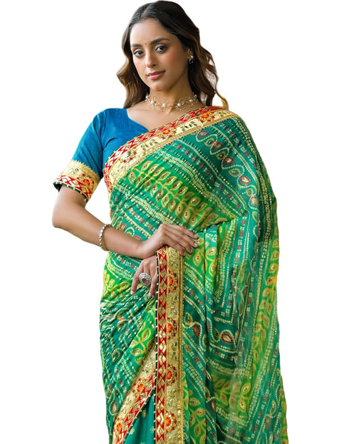 Vasthrlay Bandhani Embroidery Unstitched Pink Saree