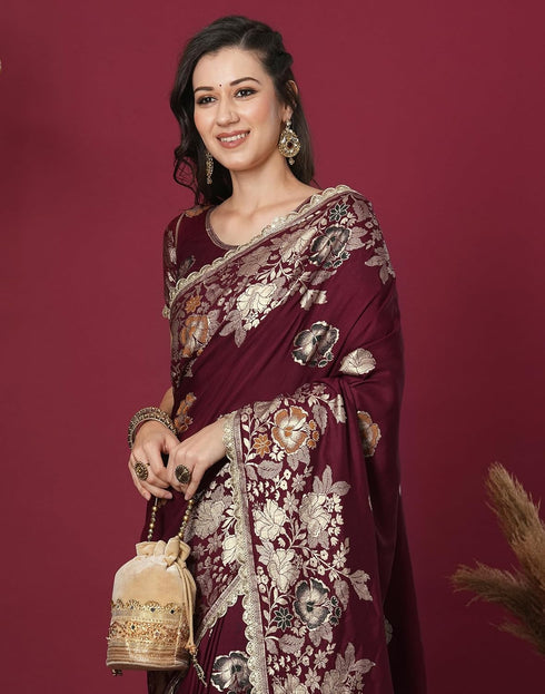 Vasthrlay Kanjivaram Banarasi Unstitched Red Saree