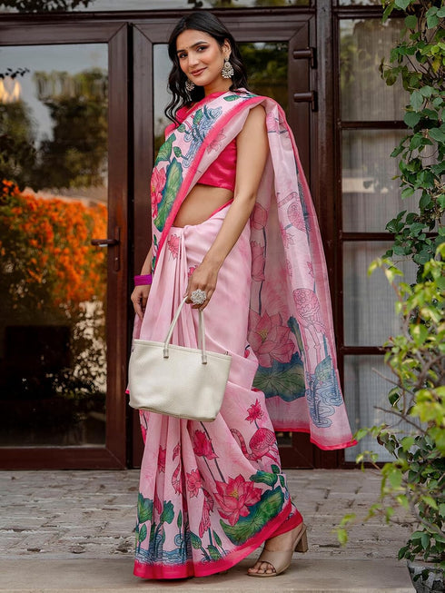 Vasthrlay Shimmer Printed Unstitched Light Green Saree