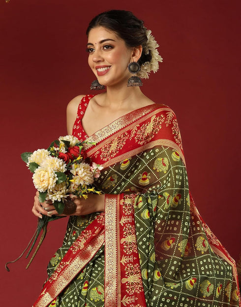 Vasthrlay Georgette Bandhani Unstitched Dark Green Saree
