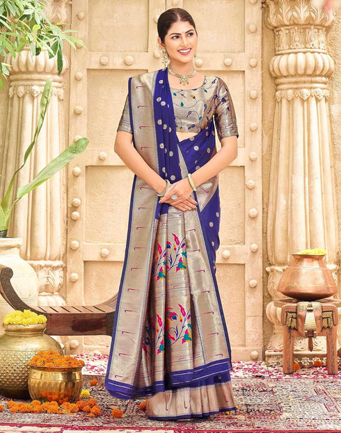 Vasthrlay Womens Paithani Unstitched Blue Saree