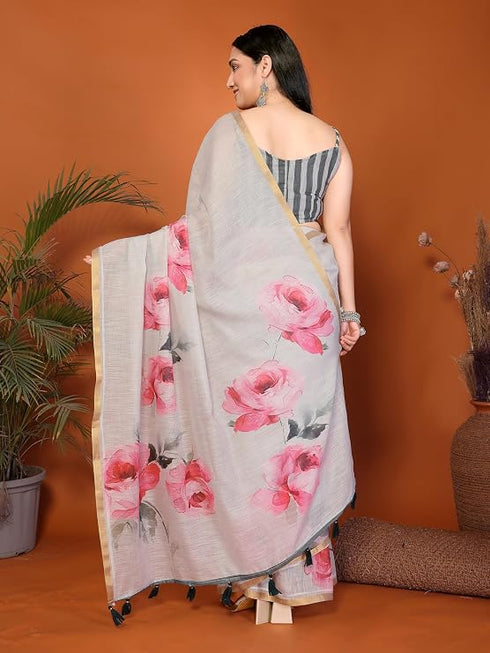 Vasthrlay Off White1 Womens Linen Ready To Wear Saree