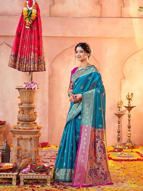 Vasthrlay Weaving Paithani Unstitched Dark Green Saree