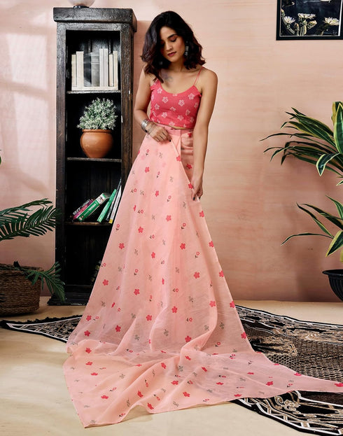 Vasthrlay Chanderi Printed Unstitched Orange Saree