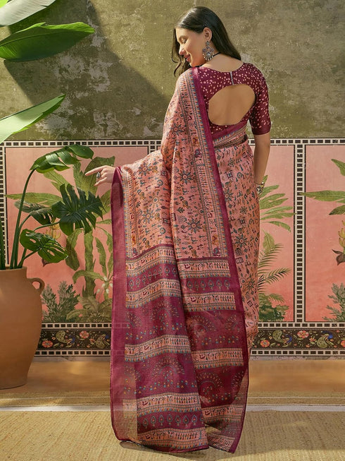 Vasthrlay Womens Printed Dark Peach Saree With Unstitched Blouse Piece
