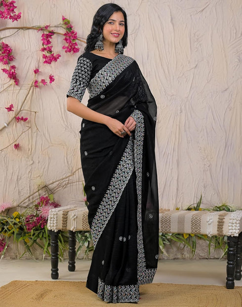 Vasthrlay Embroidery Scalloped Unstitched Maroon Saree