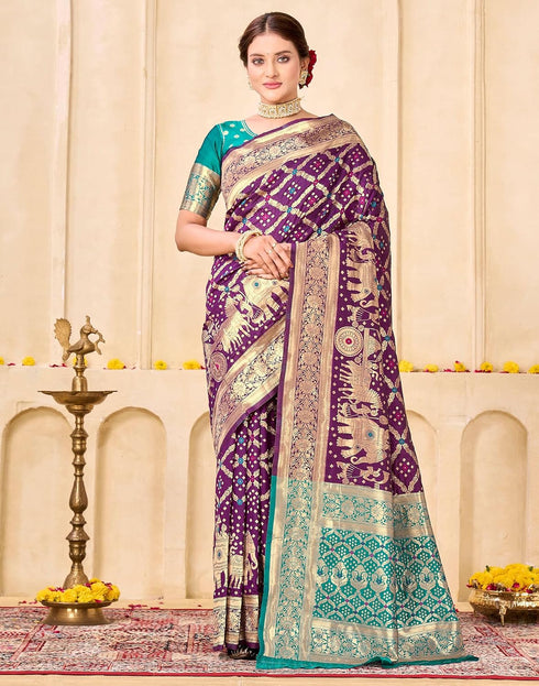 Vasthrlay Womens Weaving Purple Saree With Green Unstitched Blouse Piece