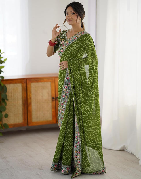 Vasthrlay Georgette Bandhani Green Saree With Multicolour Unstitched Blouse Piece