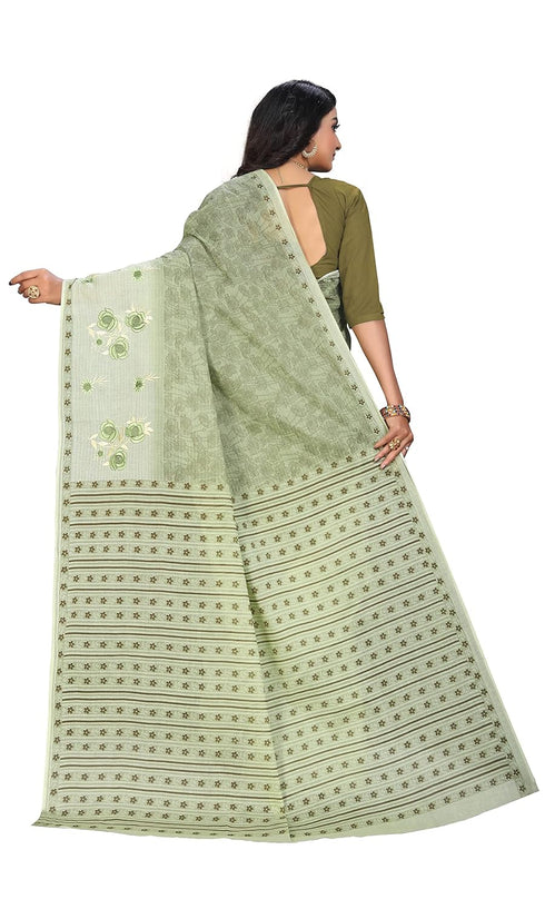 Vasthrlay Cotton Print Embroidery Green Saree