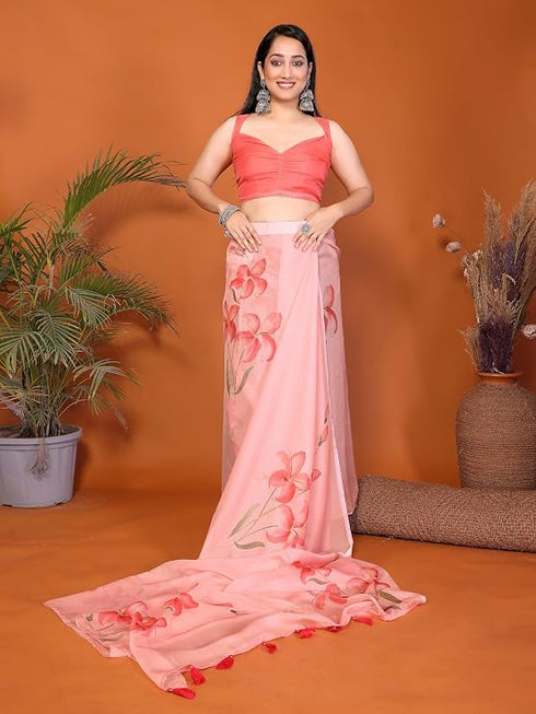 Vasthrlay Orange Digital Print Linen Ready To Wear Saree For Women