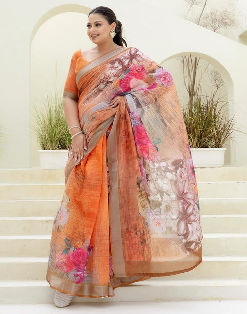 Vasthrlay Womens Printed Unstitched Orange Saree
