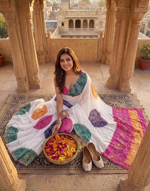 Vasthrlay Chanderi Bandhani Unstitched White Saree