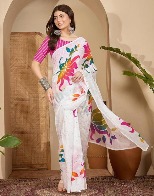 Vasthrlay Womens Printed Unstitched White Saree