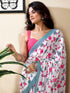 Vasthrlay Womens Printed White Saree With Pink Unstitched Blouse Piece