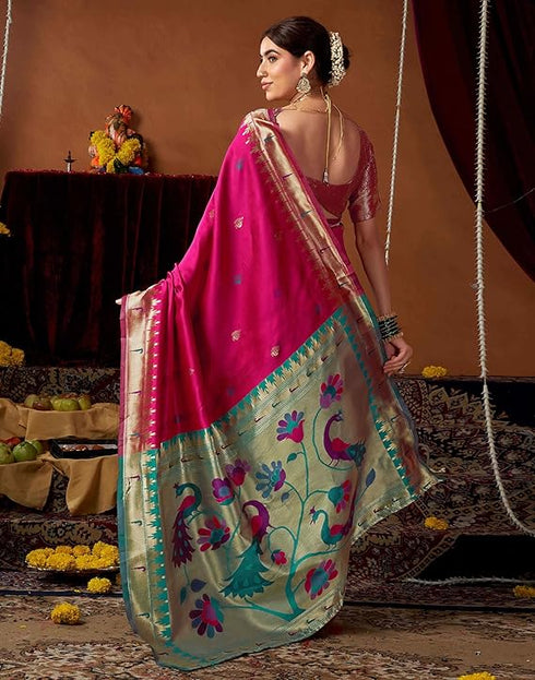 Vasthrlay Womens Paithani Unstitched Pink Saree
