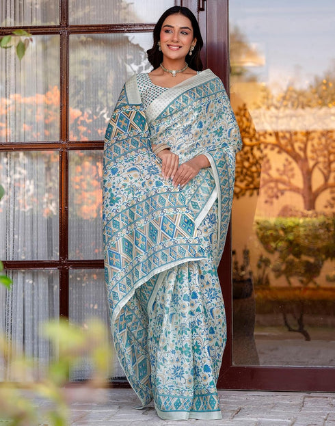 Vasthrlay Womens Printed Unstitched White Saree