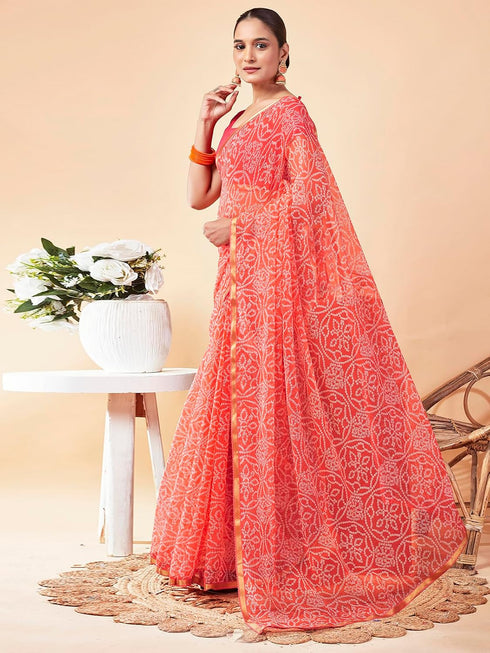 Vasthrlay Chiffon Bandhani Peach Saree With Unstitched Blouse Piece