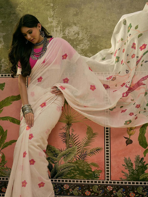 Vasthrlay Womens Printed Unstitched Beige Saree