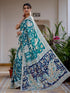 Vasthrlay Womens Printed Teal Blue Saree With Unstitched Blouse Piece