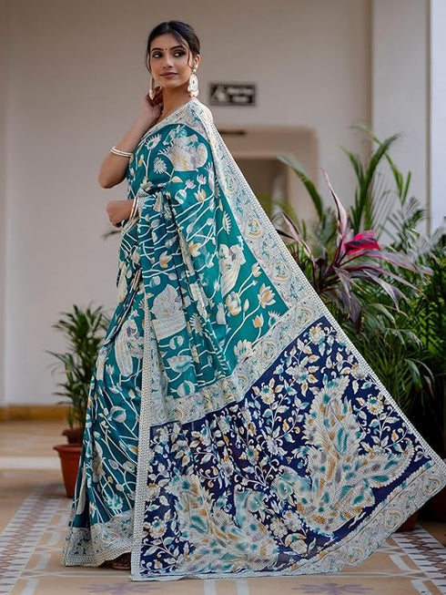 Vasthrlay Womens Printed Unstitched Beige Saree
