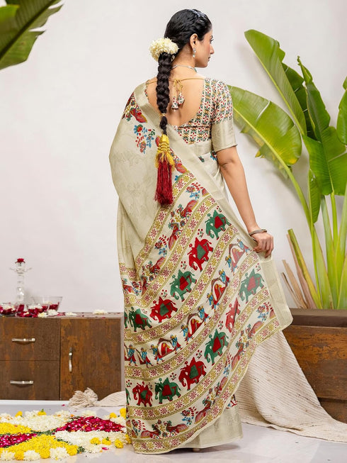 Vasthrlay Weaving Printed Off White Off White Saree