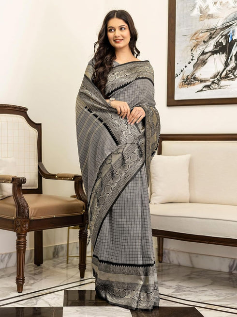 Vasthrlay Weaving Tassels Unstitched Grey Saree