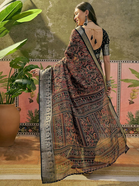 Vasthrlay Georgette Jacquard Black Saree With Unstitched Blouse Piece