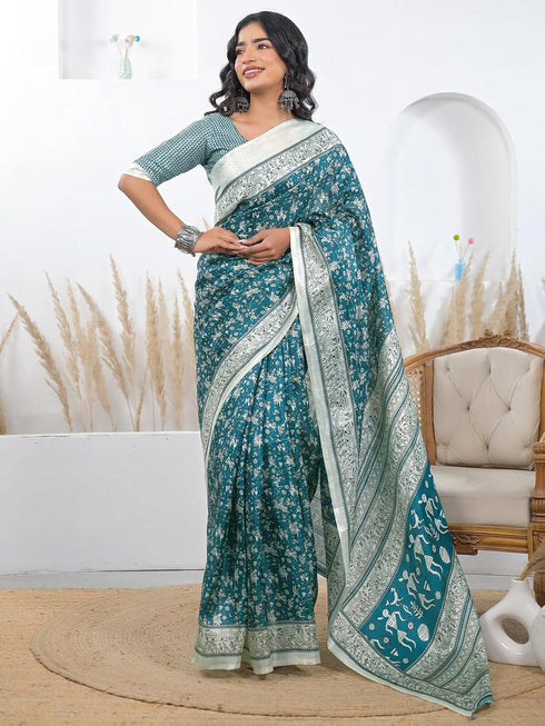 Vasthrlay Printed Tassels Unstitched Khaki Saree