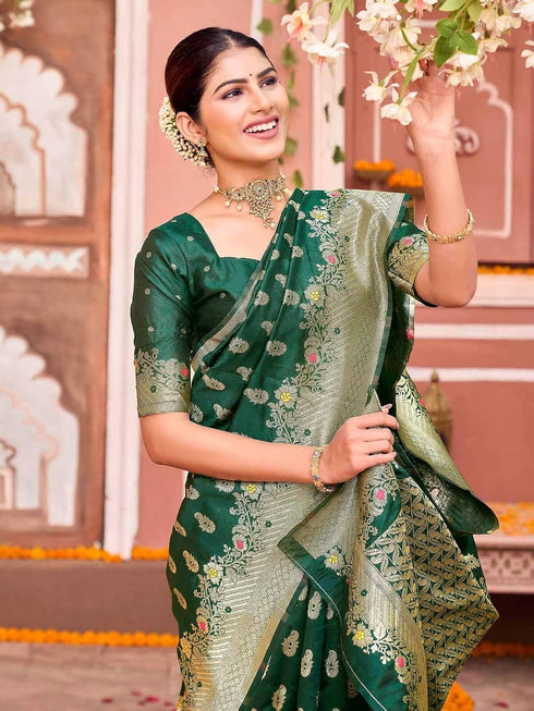 Vasthrlay Womens Weaving Dark Green Saree With Unstitched Blouse Piece
