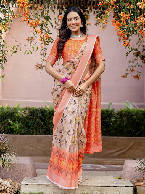 Vasthrlay Womens Printed Unstitched Multicolor Saree