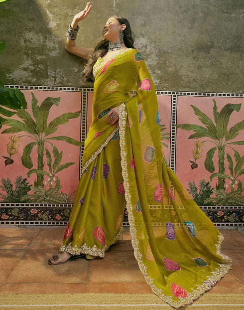 Vasthrlay Scalloped Embroidery Unstitched Lime Green Saree